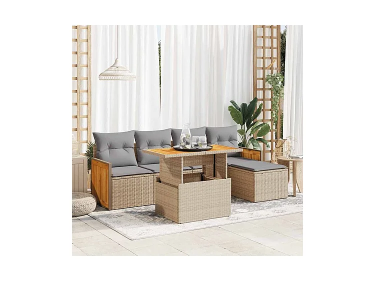 Salon de jardin 6 pcs avec coussins beige résine tressée acacia