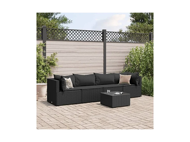 Salon de jardin 5 pcs avec coussins Noir Résine tressée