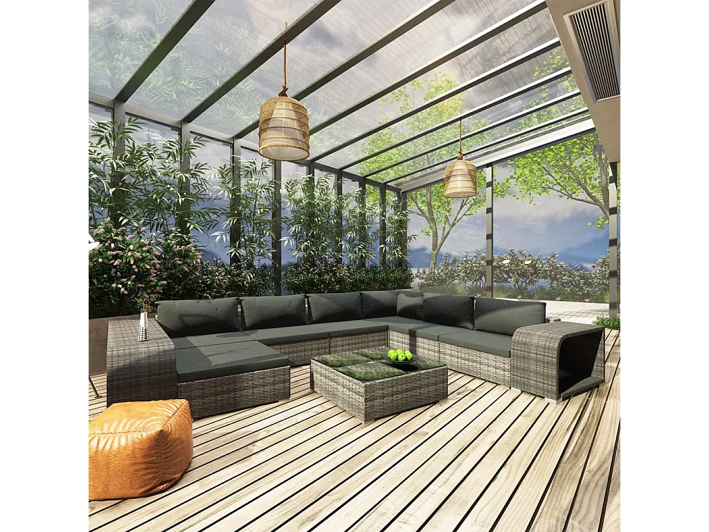 Salon de jardin 10 pcs avec coussins Résine tressée Gris 6