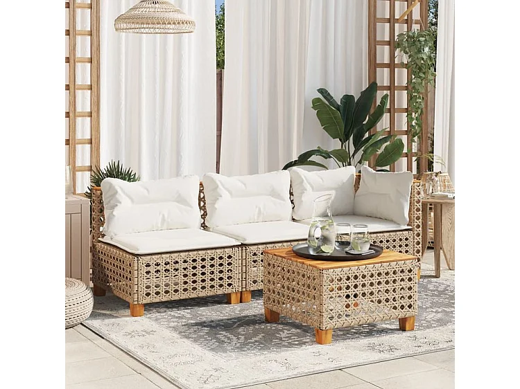 Canapé d'angle de jardin avec coussins beige résine tressée