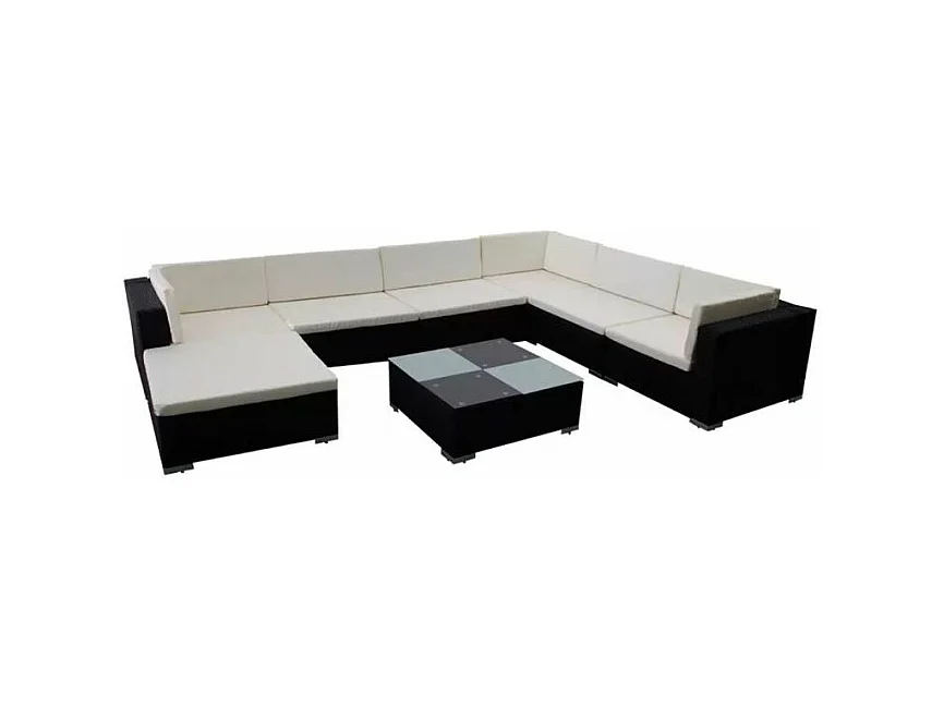 Salon de jardin 8 pièces résine tressée noir coussins blanc Kim