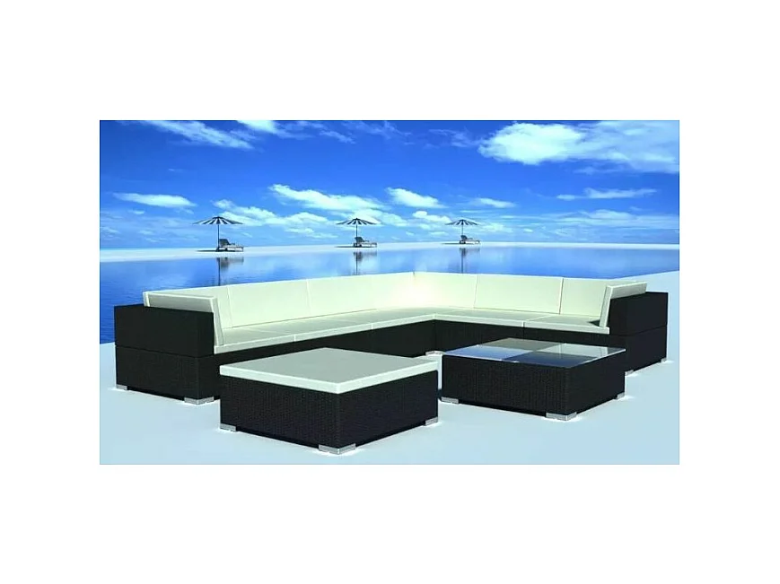 Salon de jardin 8 pièces résine tressée noir coussins blanc Kim