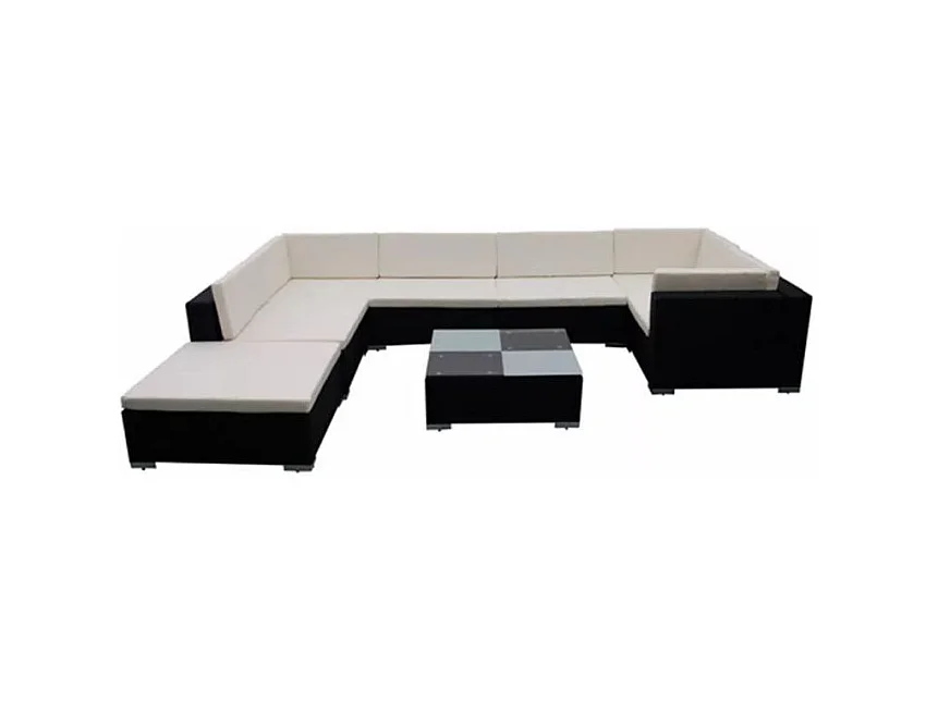 Salon de jardin 8 pièces résine tressée noir coussins blanc Kim