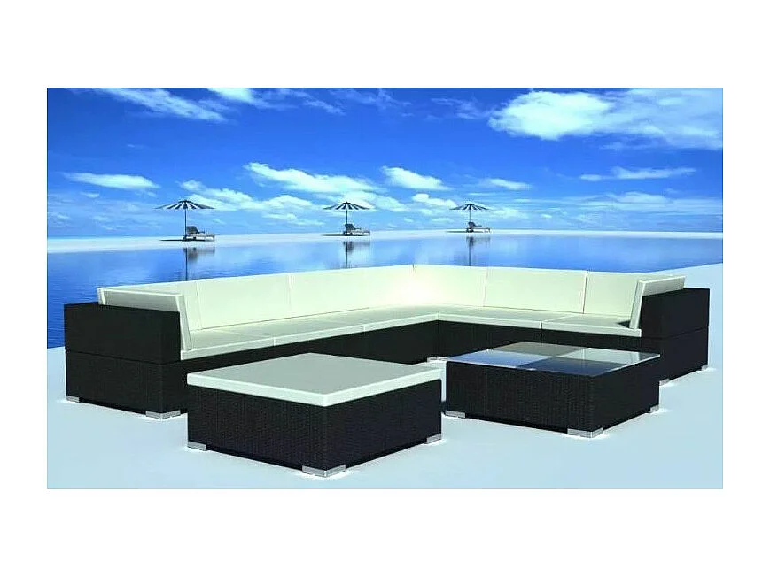 Salon de jardin 8 pièces résine tressée noir coussins blanc Kim