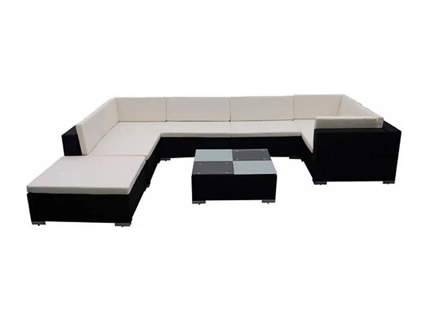 Salon de jardin 8 pièces résine tressée noir coussins blanc Kim