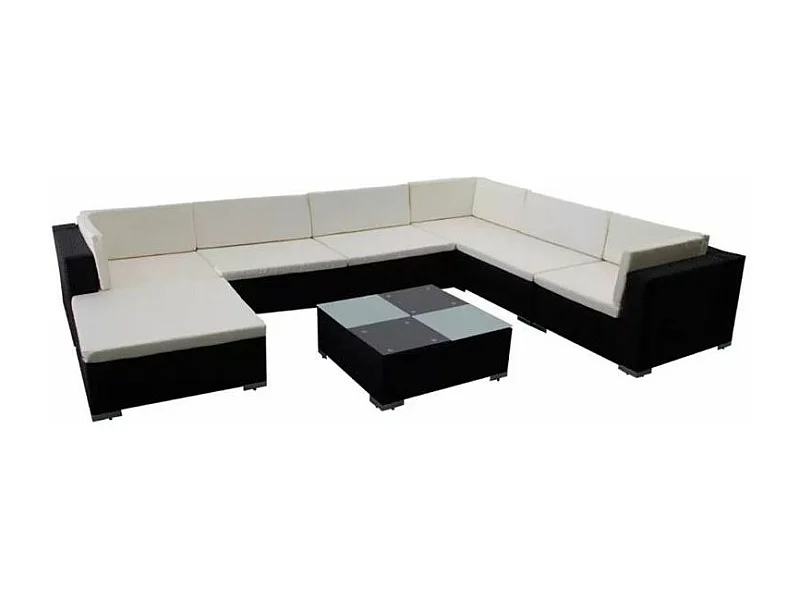 Salon de jardin 8 pièces résine tressée noir coussins blanc Kim