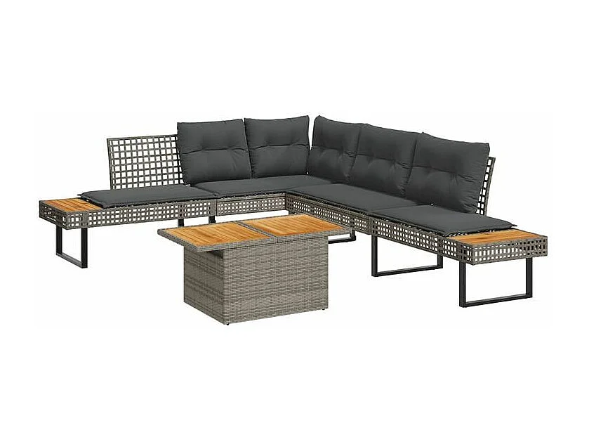 Salon de jardin avec coussins 5 pcs gris résine tressée acacia