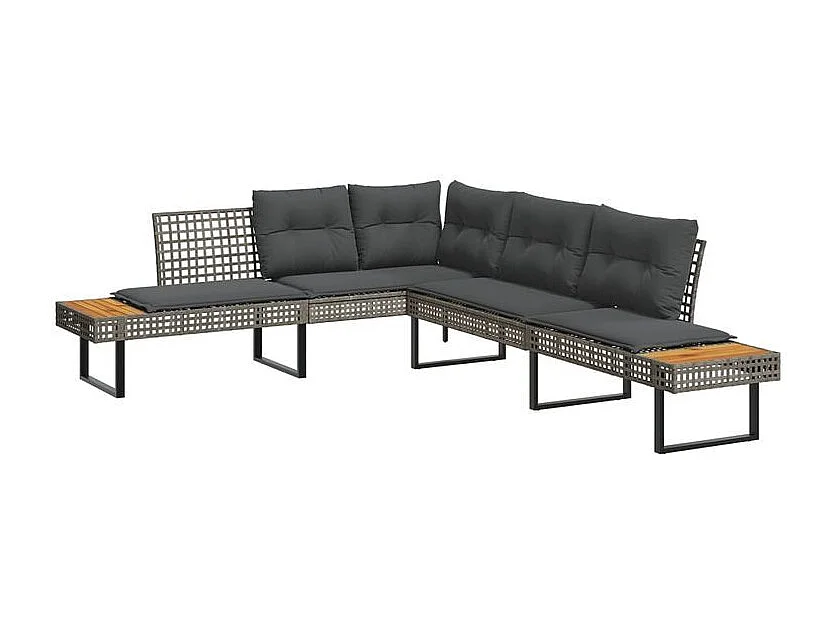 Salon de jardin avec coussins 5 pcs gris résine tressée acacia