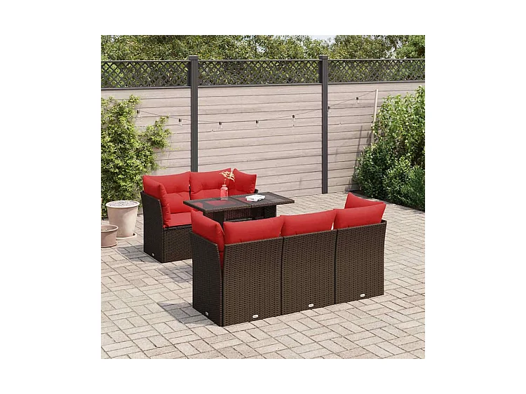 Salon de jardin avec coussins 6pcs marron résine tressée acacia