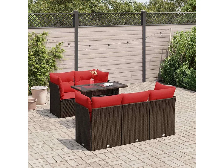 Salon de jardin avec coussins 6pcs marron résine tressée acacia