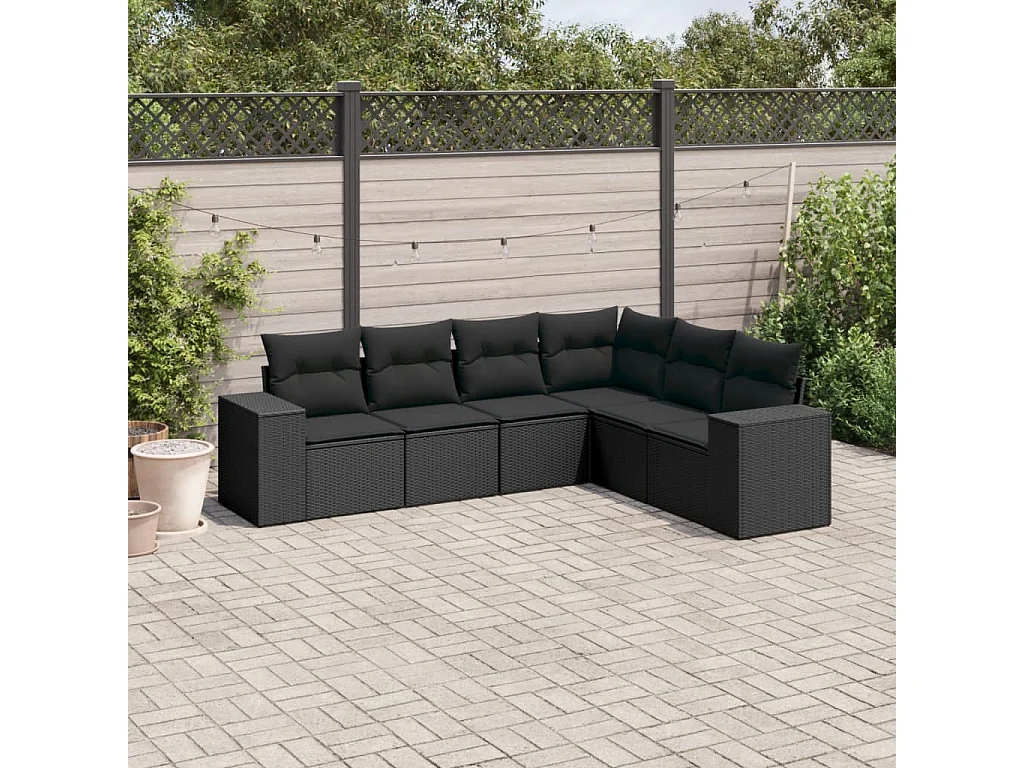 Salon de jardin 6 pcs avec coussins noir résine tressée