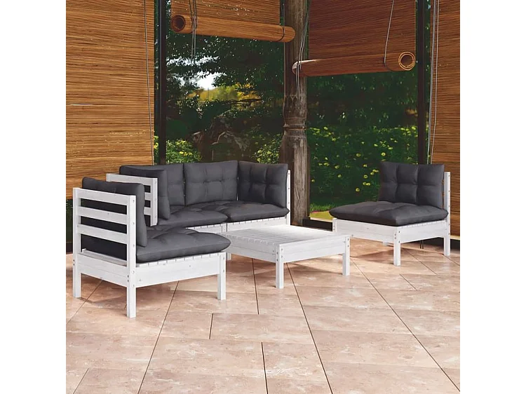 Salon de jardin 5 pcs avec coussins bois de pin massif