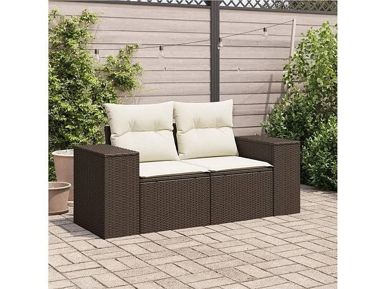 Canapé de jardin avec coussins 2 places marron résine tressée