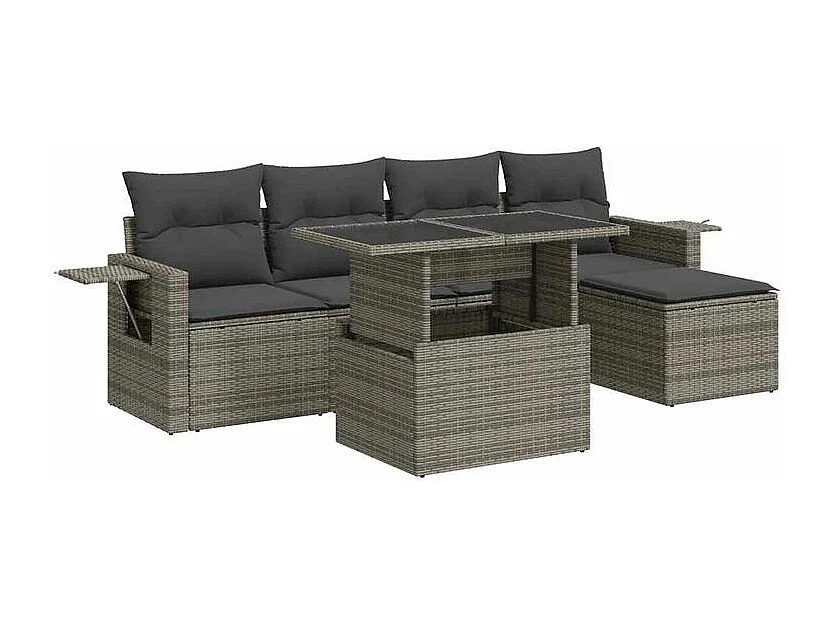 Salon de jardin 6 pcs avec coussins gris résine tressée