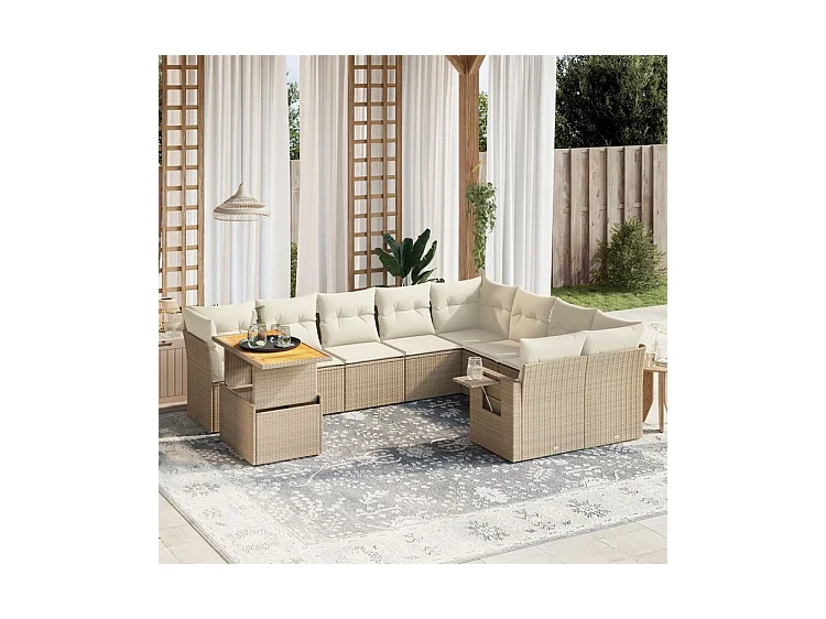 Salon de jardin avec coussins 10 pcs beige résine tressée