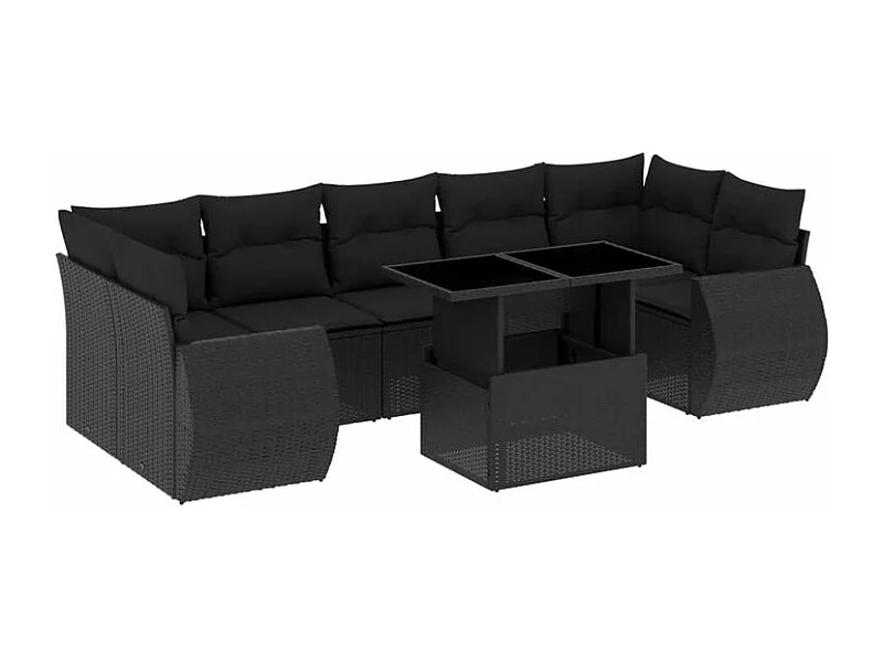 Salon de jardin 8 pcs avec coussins noir résine tressée