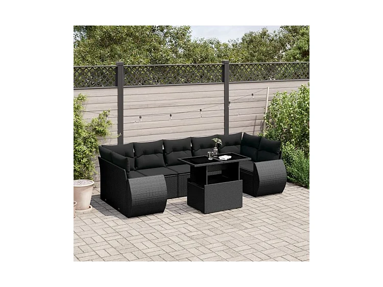 Salon de jardin 8 pcs avec coussins noir résine tressée