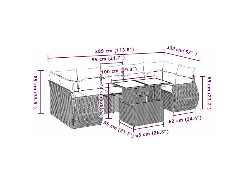 Salon de jardin 8 pcs avec coussins noir résine tressée