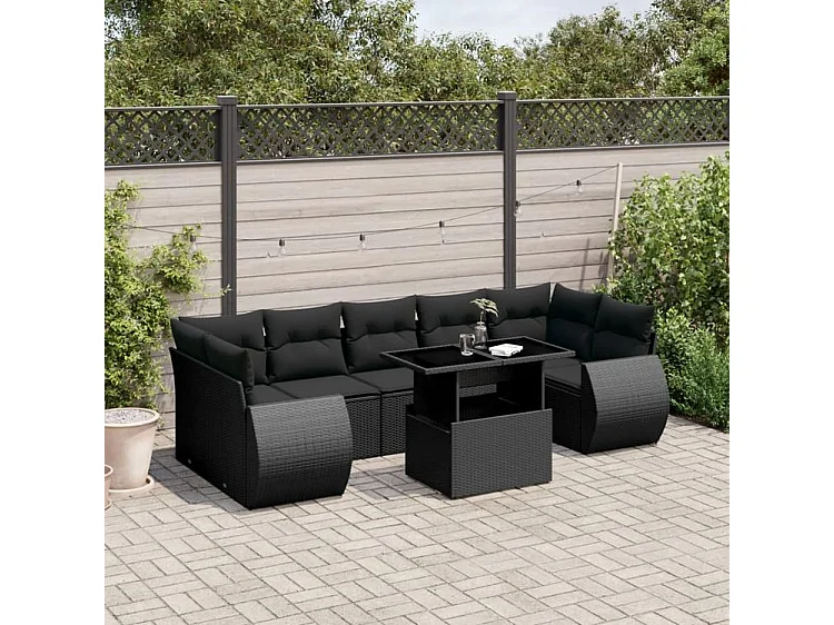 Salon de jardin 8 pcs avec coussins noir résine tressée