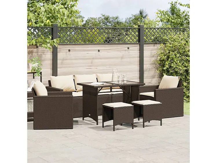 Salon de jardin avec coussins 6 pcs marron résine tressée