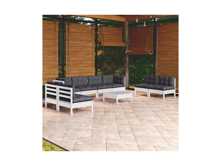 Salon de jardin 9 pcs avec coussins bois de pin massif