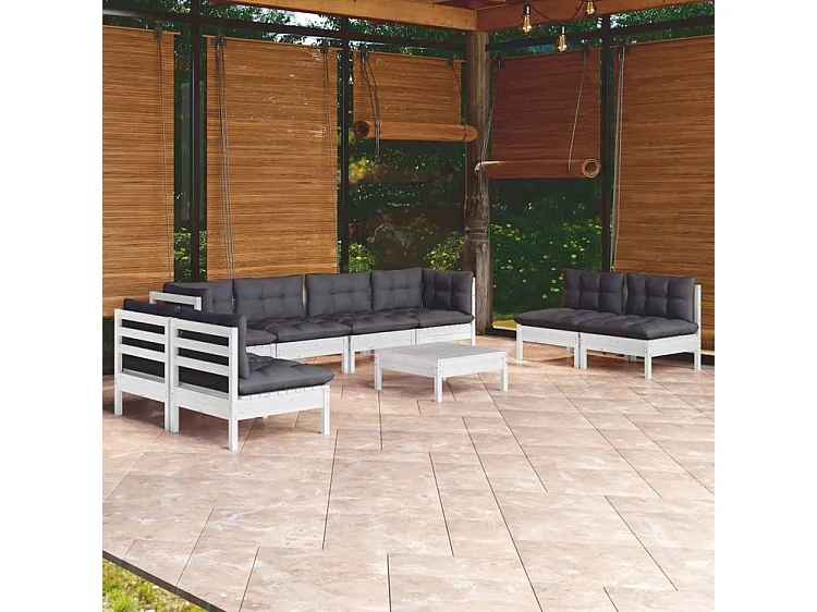 Salon de jardin 9 pcs avec coussins bois de pin massif