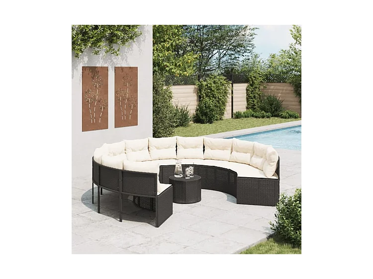 Canapé de jardin avec table coussins rond noir résine tressée