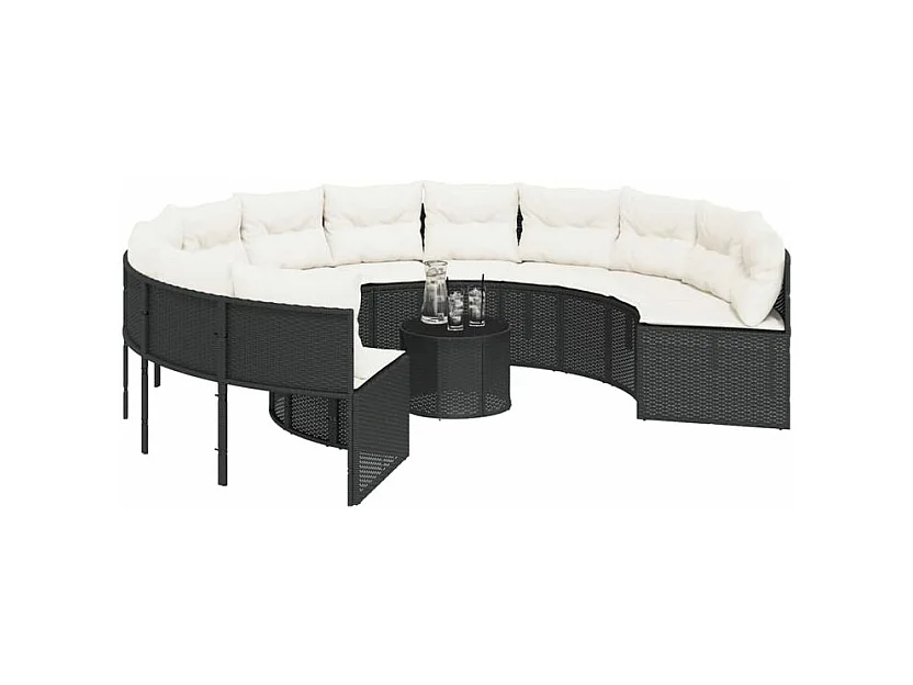 Canapé de jardin avec table coussins rond noir résine tressée