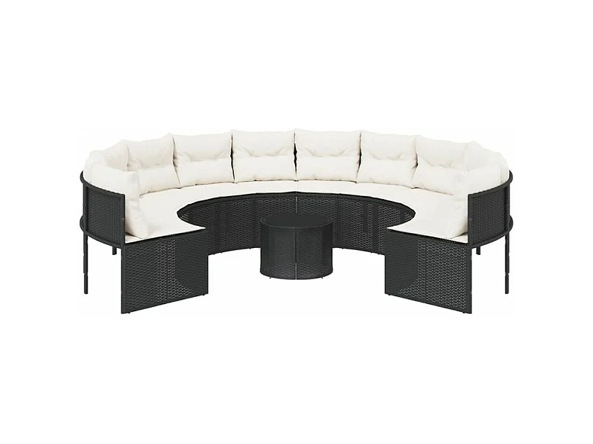 Canapé de jardin avec table coussins rond noir résine tressée