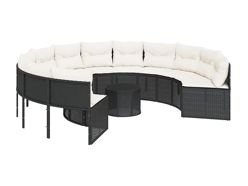 Canapé de jardin avec table coussins rond noir résine tressée