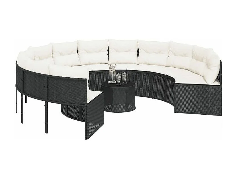 Canapé de jardin avec table coussins rond noir résine tressée