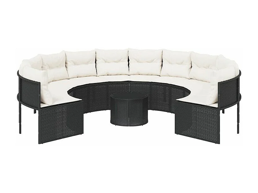 Canapé de jardin avec table coussins rond noir résine tressée