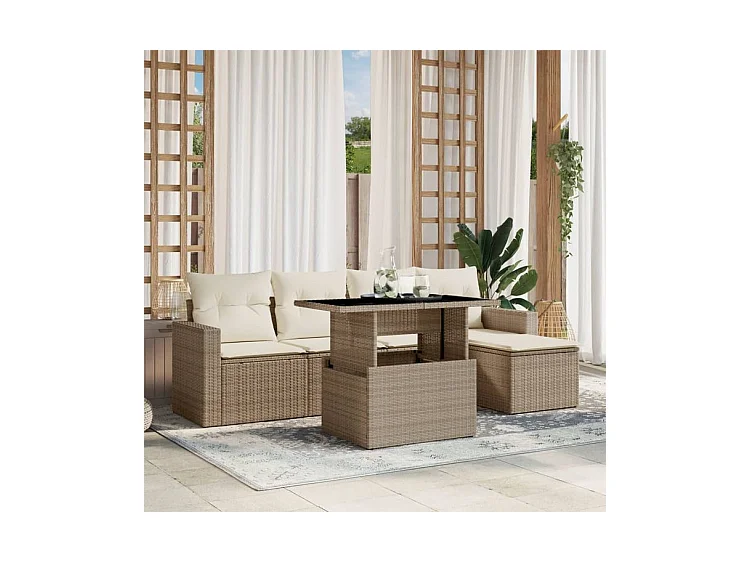 Salon de jardin avec coussins 6 pcs beige résine tressée