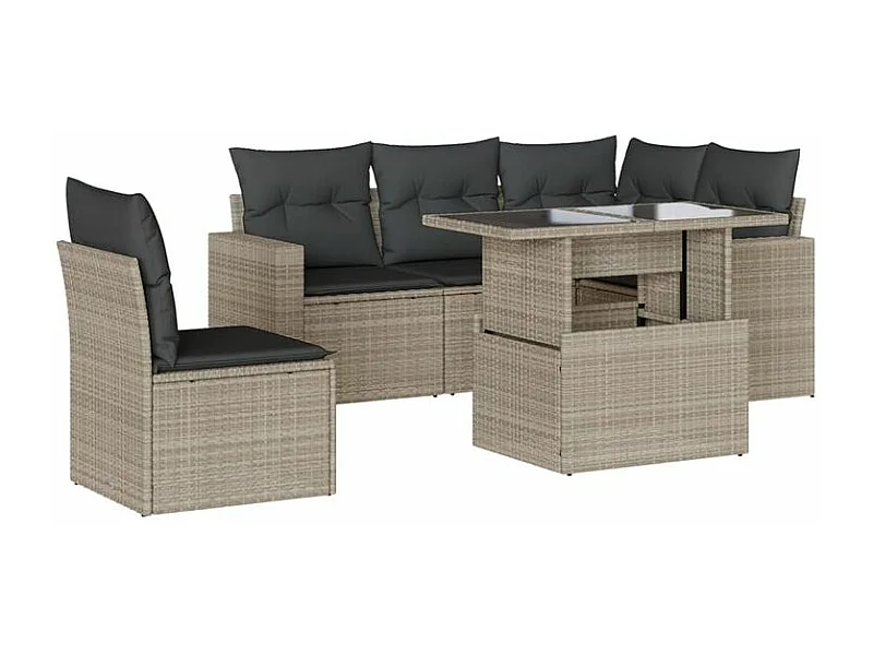 Salon de jardin 6 pcs avec coussins gris clair résine tressée