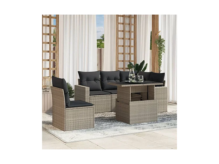 Salon de jardin 6 pcs avec coussins gris clair résine tressée