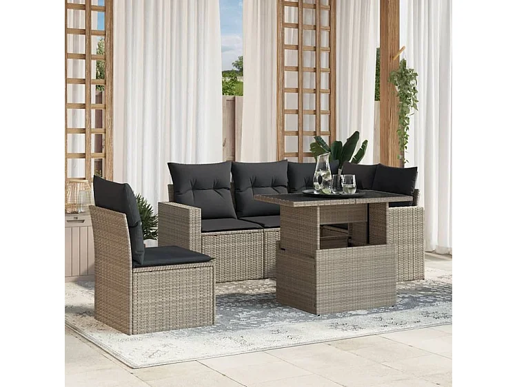 Salon de jardin 6 pcs avec coussins gris clair résine tressée