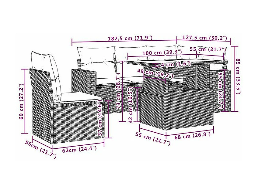 Salon de jardin 6 pcs avec coussins gris clair résine tressée