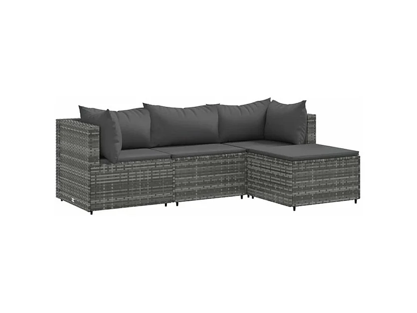Salon de jardin 4 pcs avec coussins Gris Résine tressée