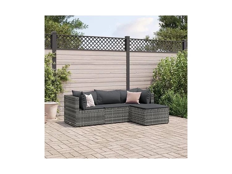 Salon de jardin 4 pcs avec coussins Gris Résine tressée