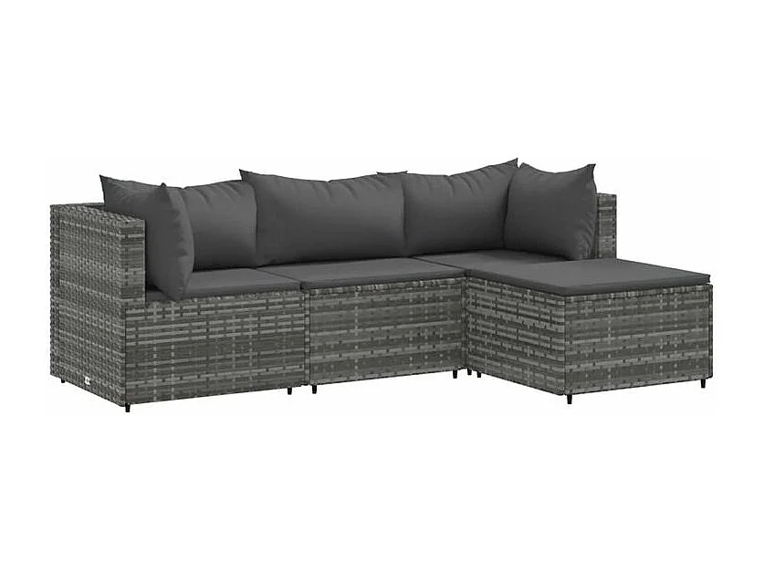 Salon de jardin 4 pcs avec coussins Gris Résine tressée