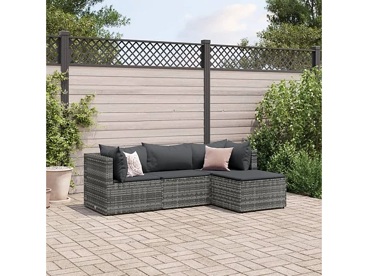 Salon de jardin 4 pcs avec coussins Gris Résine tressée