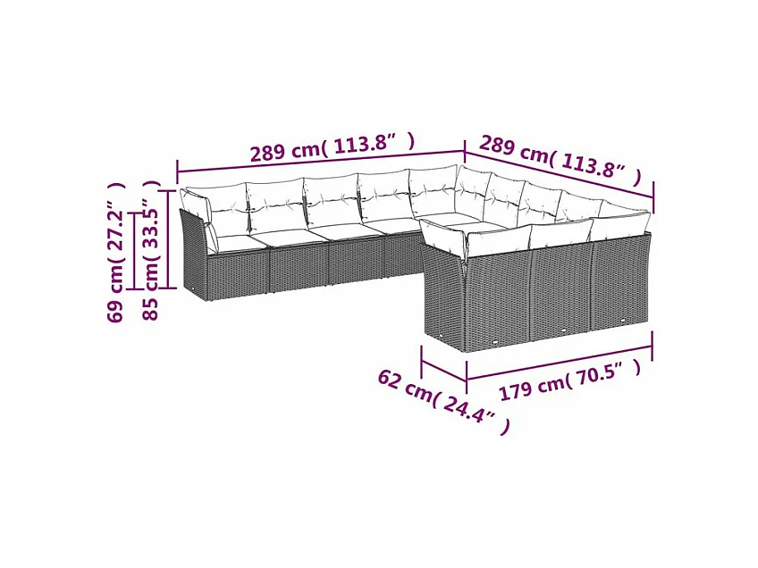 Salon de jardin 11 pcs avec coussins gris clair résine tressée