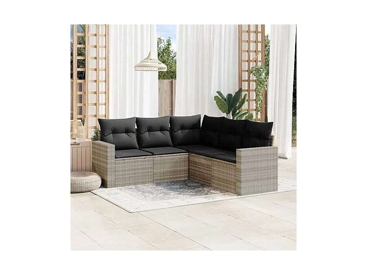 Salon de jardin 5 pcs avec coussins gris clair résine tressée