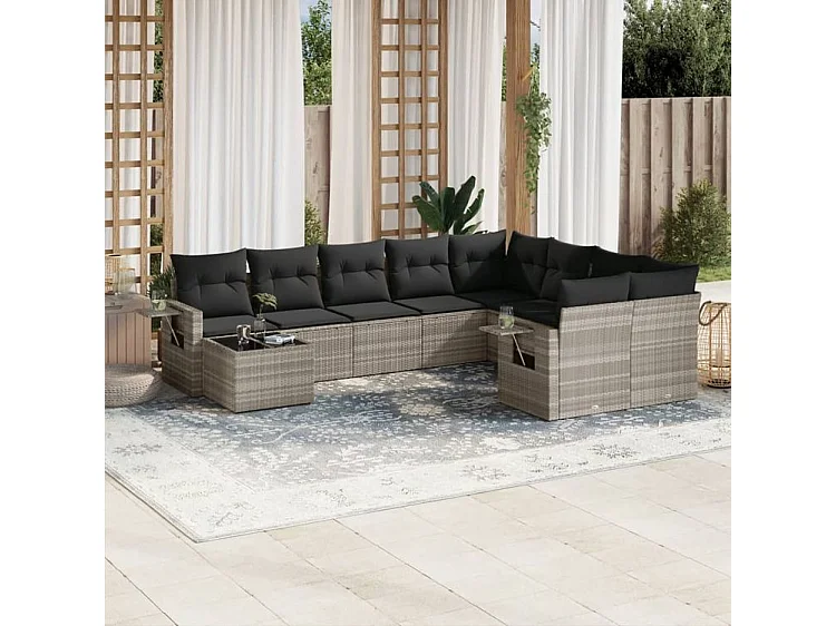 Salon de jardin avec coussins 10 pcs gris clair résine tressée