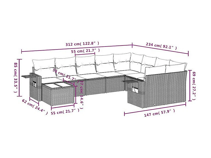 Salon de jardin avec coussins 10 pcs gris clair résine tressée