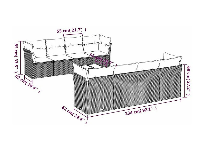 Salon de jardin avec coussins 9 pcs marron résine tressée