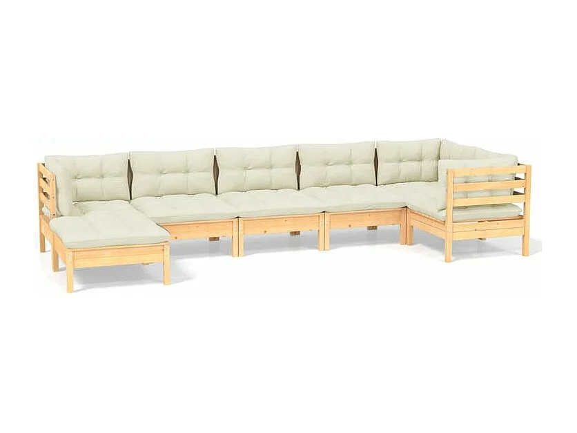 Salon de jardin 7 pcs avec coussins crème Bois de pin solide