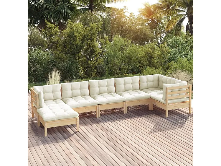 Salon de jardin 7 pcs avec coussins crème Bois de pin solide