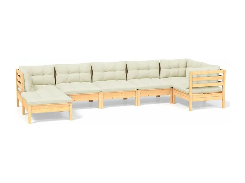 Salon de jardin 7 pcs avec coussins crème Bois de pin solide