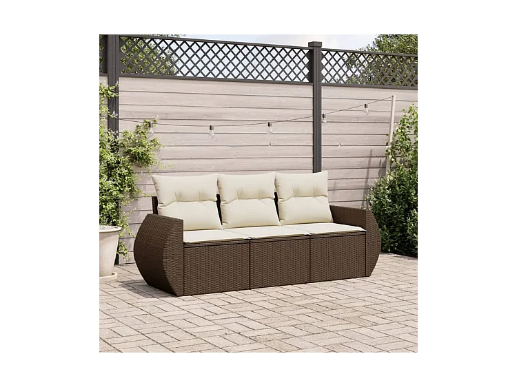 Salon de jardin avec coussins 3 pcs marron résine tressée